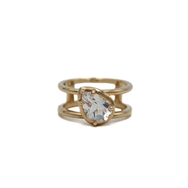 Rainbow Moonstone Pear Double Band Ring