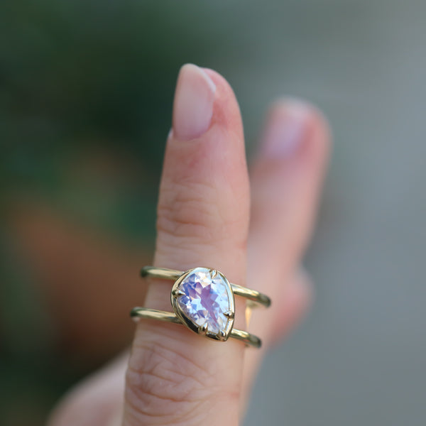 Rainbow Moonstone Pear Double Band Ring