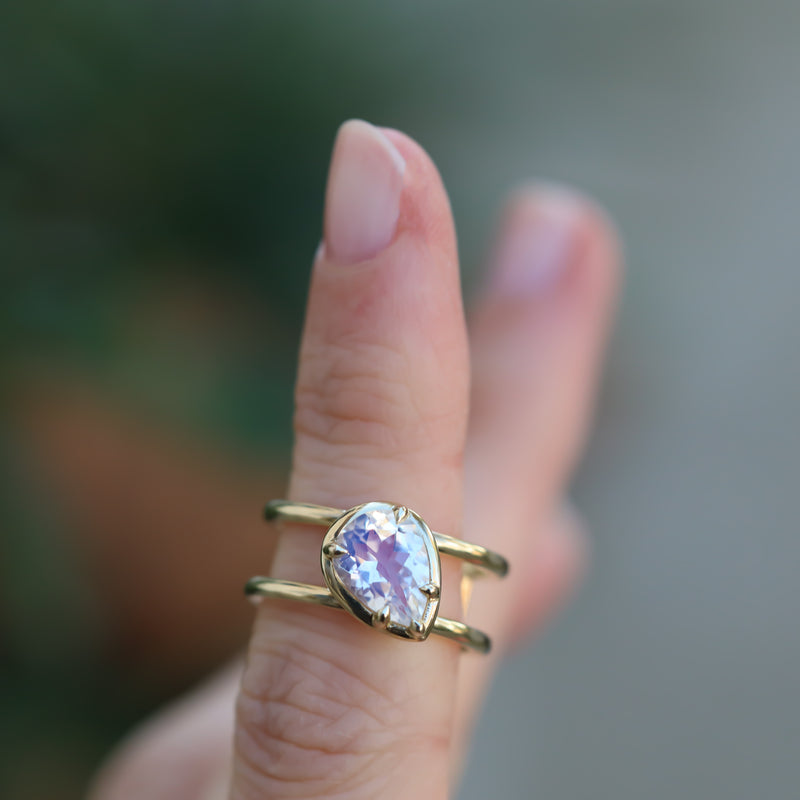 Rainbow Moonstone Pear Double Band Ring