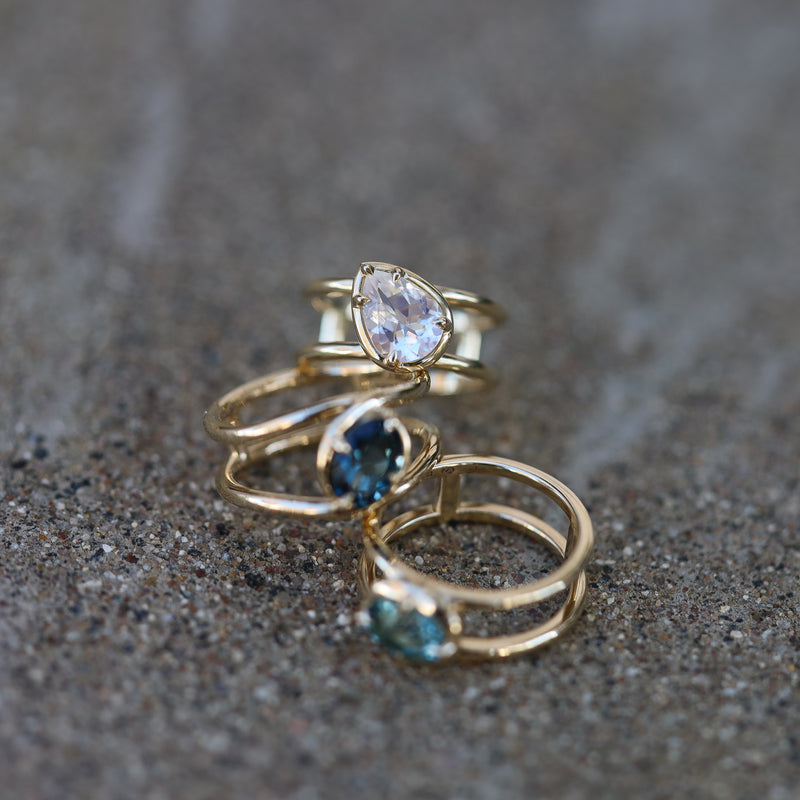 Rainbow Moonstone Pear Double Band Ring