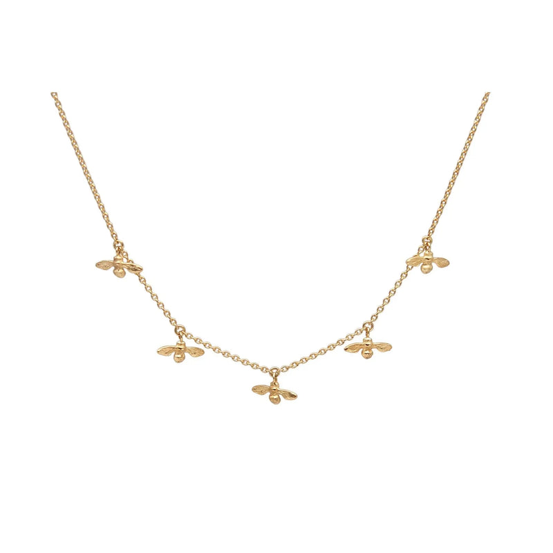 Solid gold Colony Bee Necklace with 5 detailed mini bee pendants on a fine adjustable chain, handcrafted and nature-inspired