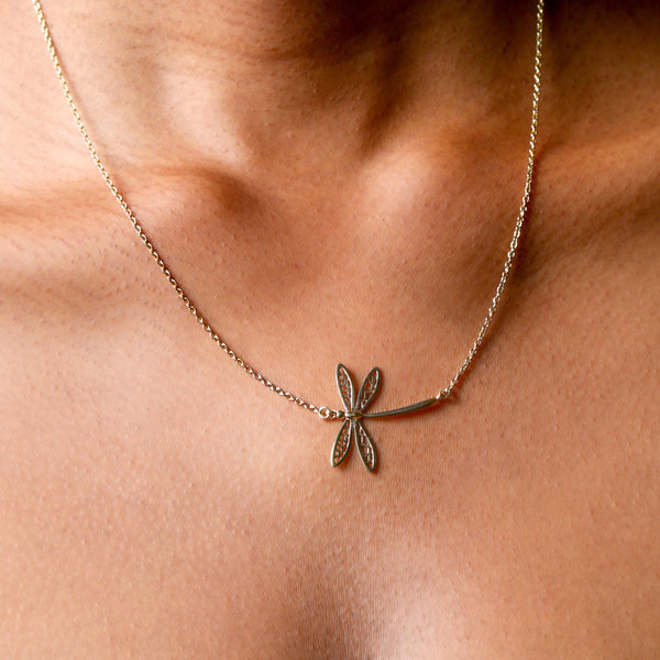 Dragonfly Necklace Yellow Gold